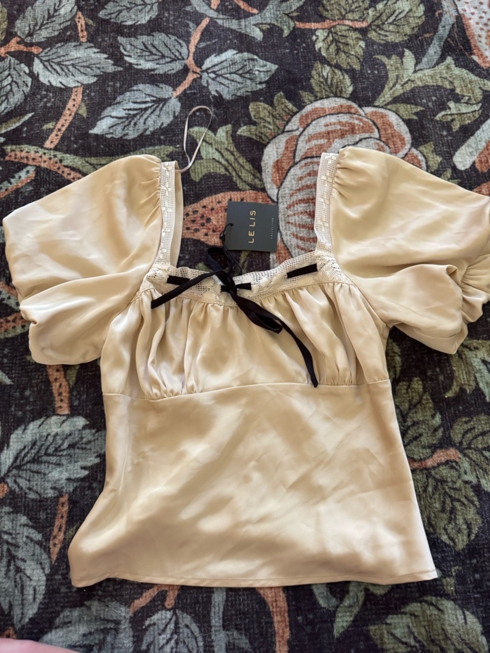 Le Lis Satin Puff Sleeve Top with Black Bow Accent